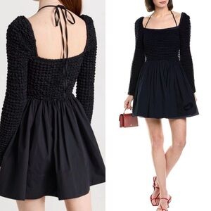 NWT STAUD CASSIDY Black Smocked Long-Sleeve Mini Dress - M & L